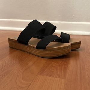Steve Madden Aliyah Platform Slide Sandals- Black Elastic Straps - Comfortable